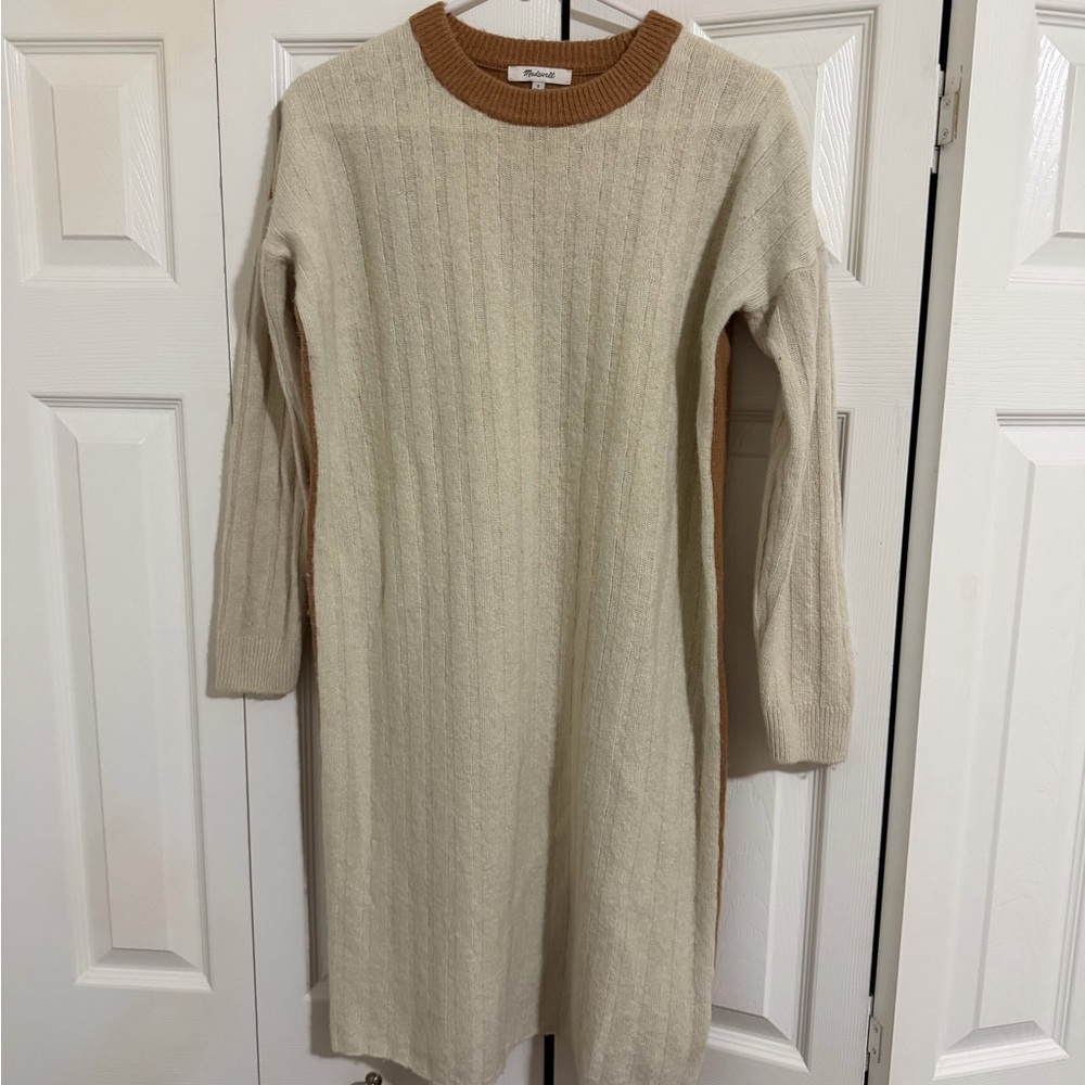 Madewell Cream Knit Long Sleeve Wool Dress with Tan Neck